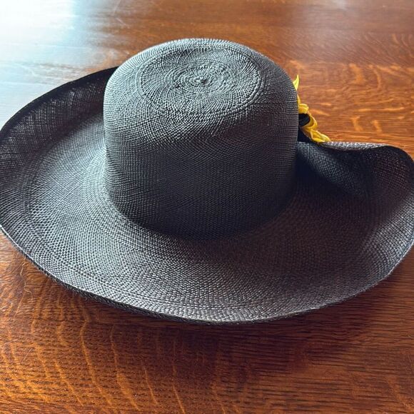 Vintage Black Fine Weave Wide Brim Straw Hat Sunflower Women’s Size Medium - Picture 4 of 13